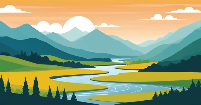Colorful and beutiful mountain landscape with a river hills, forests, at sunset,  vector Illustration. 