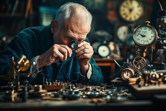 an elderly man in a workshop with a loupe on his eye, repairing a pocket watch. In front of him are numerous parts and tools - Powered by Adobe