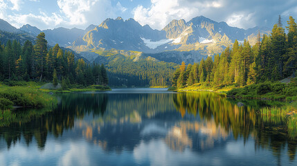 Obraz premium Serene lake reflects the majestic mountains and dense forests. The tranquil waters mirror the rugged peaks, while lush greenery lines its shore. A cloudy sky.