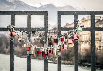 Detail of an old lock outdoors in Innsbruck, Tyrol, Austria, on a clear January winter day