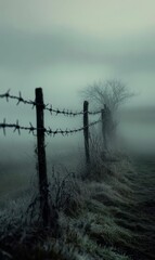 Barbed wire fence in foggy field.