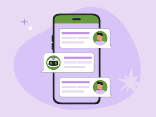 Dialog between Artificial Intelligent robot assistant and user, man chatting with AI chat bot, big smartphone and speech bubbles, FAQ concept. Flat vector illustration isolated on purple background