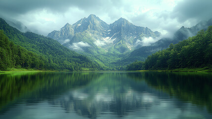 Serene lake reflects the majestic mountains and dense forests. The tranquil waters mirror the rugged peaks, while lush greenery lines its shore. A cloudy sky.