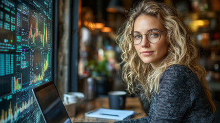 Focused Woman Analyzing Stock Market Data on Laptop in Cozy Caf&eacute;