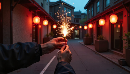 Obraz premium Hands Holding Bright Sparkler in Alley Decorated with Red Lanterns at Dusk