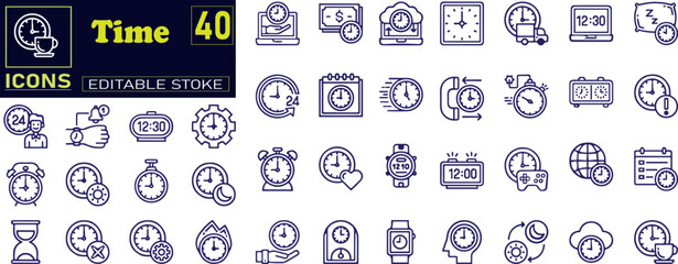 Time icon set. Timer, alarm, schedule, hourglass, clock icons.