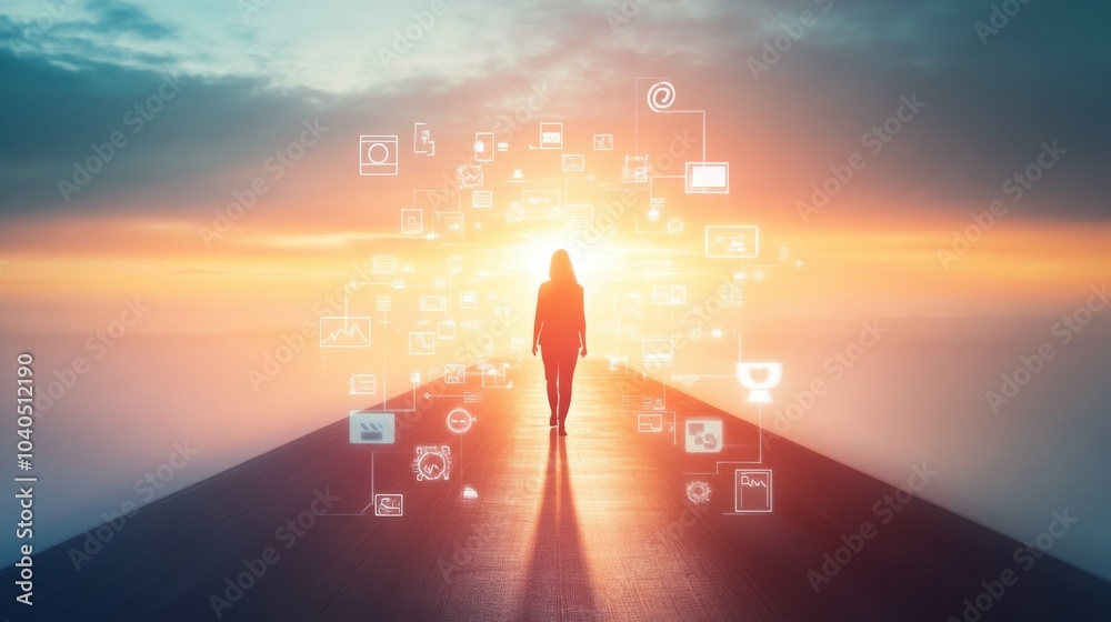 Poster a creative depiction of a person walking on a path made of social media icons leading to a bright ho