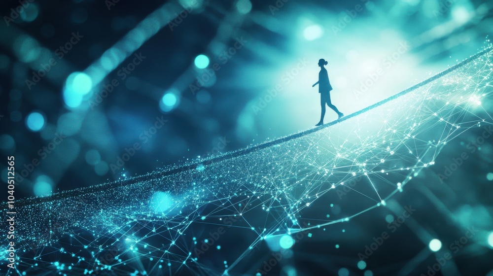 Poster A creative depiction of a person walking on a tightrope made of digital data, symbolizing the balance between technology and life, Abstract setting