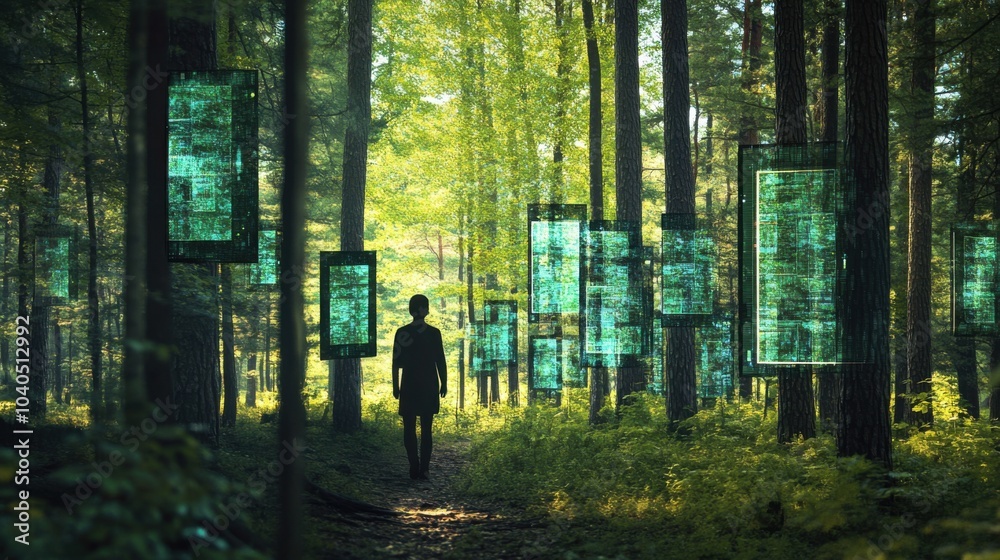 Poster a creative depiction of a person walking through a forest where trees have screens as leaves, repres