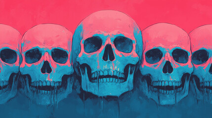 A vibrant graphic features multiple stylized skulls in blue against a contrasting pink background, creating a striking visual impact.