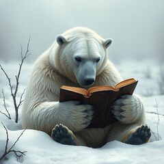 An elderly polar bear reading a worn antique book in a melancholic snowy landscape captured in high realism