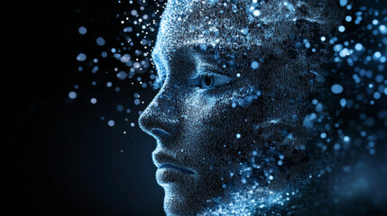 A cyberpunk-inspired illustration for artificial intelligence, face recognition systems, and virtual reality concepts. Features a human face composed of particles, presented in a 3D rendering.




