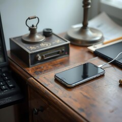 A forgotten smartphone Which is charging at an antique office desk