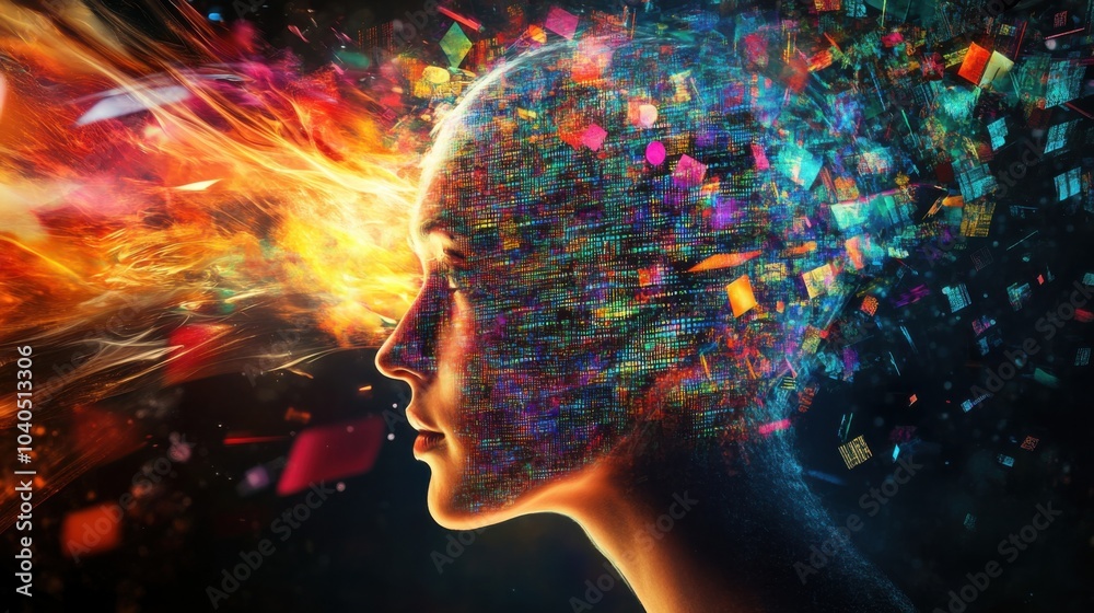 Poster A creative depiction of a person with a head full of colorful digital codes, symbolizing the data overload in contemporary life, Digital workspace
