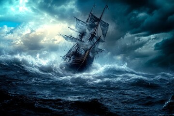 Obraz premium A majestic sailing ship battles towering waves under a stormy sky during twilight near the turbulent ocean
