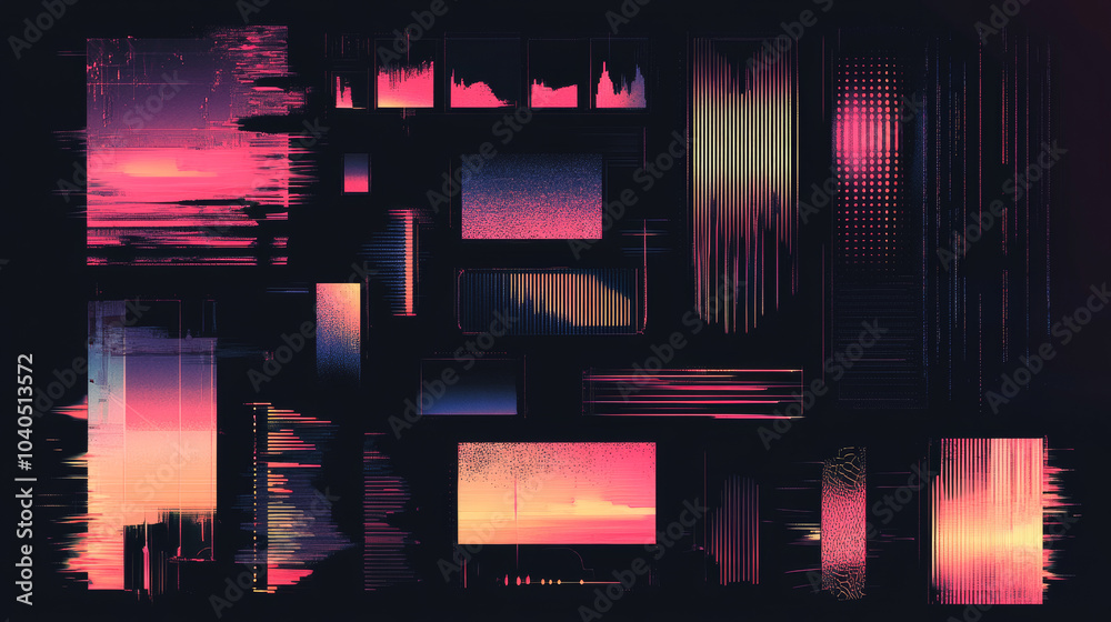 Fototapete digital decay elements featuring television glitch effects, screen white noise, and censored texture