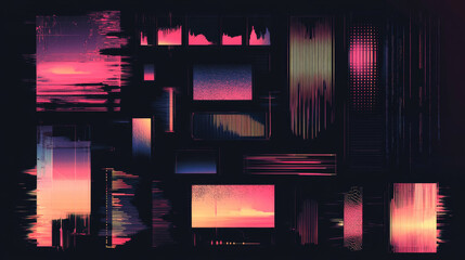 Digital decay elements featuring television glitch effects, screen white noise, and censored textures. Includes geometric dark and bright glitches, along with a pixel error vector set.




