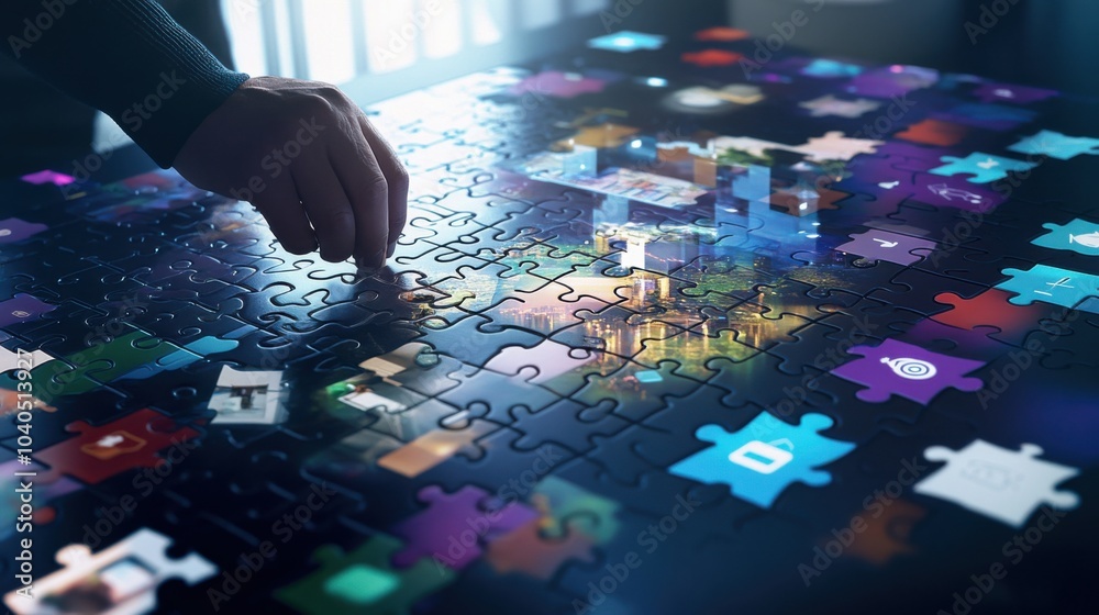 Poster A creative scene of a person assembling a giant digital puzzle from floating app icons and productivity tools, with a completed image of a balanced lifestyle at the center