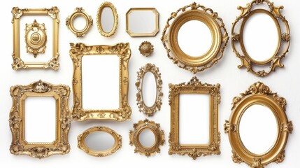 Antique gold frames, each with unique ornate designs, isolated on a white background