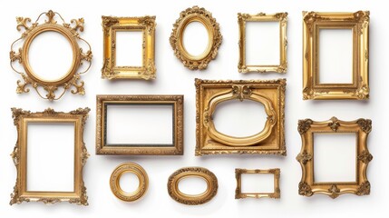 Antique gold frames, each with unique ornate designs, isolated on a white background