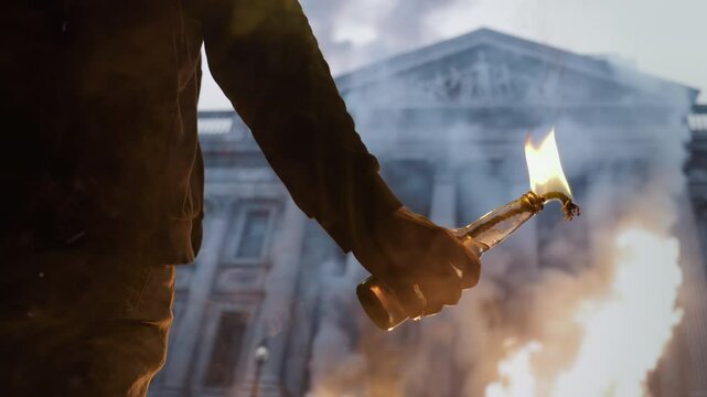 Urban Molotov Protest Fire Flames Against Neoclassical Building Resistance Civil Unrest