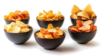 Variety of Potato Chips in Black Bowls on a Transparent Background Generative AI