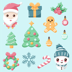 Vector set of Christmas icons and elements. Cartoon Christmas clipart for decorating cards, Christmas street. Flat design