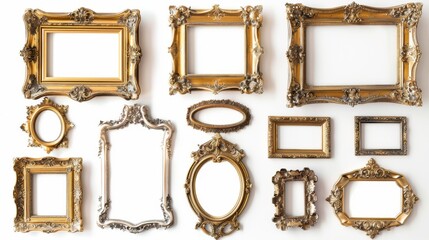 Antique gold frames, each with unique ornate designs, isolated on a white background