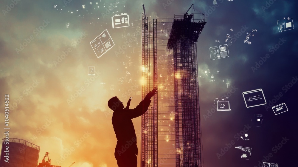 Poster a creative scene of a person building a towering structure from digital devices and floating task ic