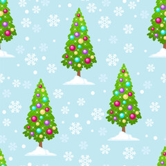 Christmas tree in colorful balls and snowflakes on blue background. Holiday seamless pattern. 