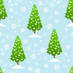 Obraz premium Winter background with green fir tree in snow and snowflakes on blue. Christmas seamless pattern