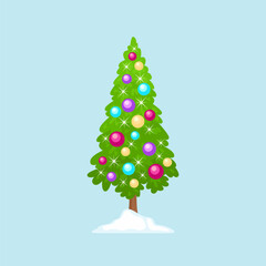 Christmas tree in colorful balls isolated on blue background. Winter holiday flat icon. Vector cartoon simple illustration of New Year's decor.