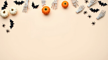 Fototapeta premium Halloween greeting card with pumpkins, skeleton hands, and spooky bats and spiders on a soft orange background with copy space. Perfect for a festive and eerie Halloween celebration.