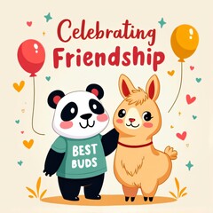 Obraz premium Celebrating Friendship Panda Llama Best Buds Kawaii Design