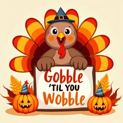 Naklejka premium Kawaii Turkey Gobble Til You Wobble Thanksgiving Design