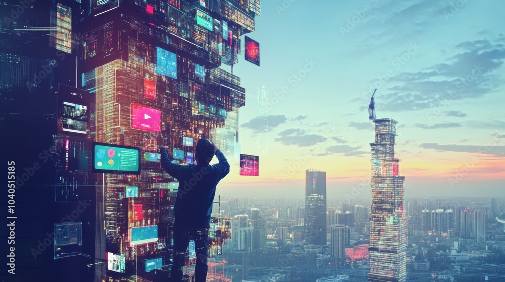 Poster a creative scene of a person constructing a giant digital mosaic from floating app icons and task li