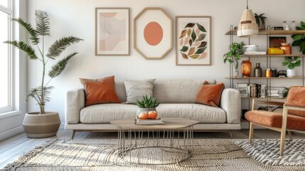Cozy living room with a sectional sofa, a soft armchair, and calming posters on the wall