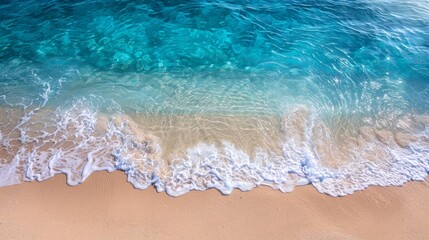 Obraz premium Aerial view of a stunning Mediterranean beach. The blue sea glistens under the sun, waves gently breaking on the shore. A serene and beautiful scene