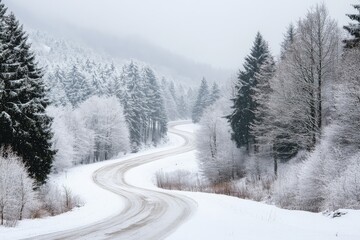 Fototapeta premium A winding road cuts through a serene snow-covered forest, with towering evergreens lining the snowy path under a soft, overcast winter sky, creating a tranquil atmosphere.