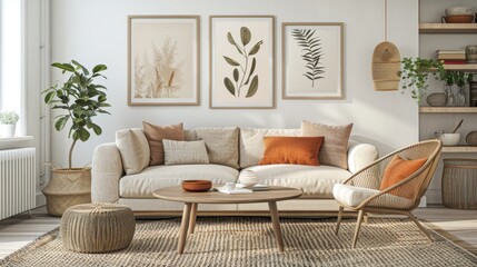 Cozy living room with a sectional sofa, a soft armchair, and calming posters on the wall