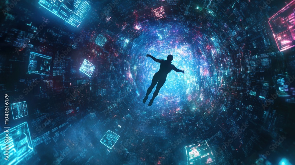 Poster A creative scene of a person floating through a cosmic landscape of swirling data streams and glowing productivity icons, symbolizing the exploration and navigation of modern digital spaces