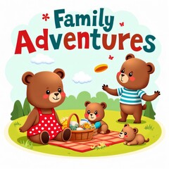 Obraz premium Kawaii Bear Family Picnic Adventure Illustration
