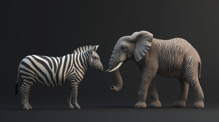 An elephant with zebra stripes alongside a zebra on a studio backdrop. It represents the idea of embracing uniqueness and shifting perspectives. This is a 3D rendered illustration.



