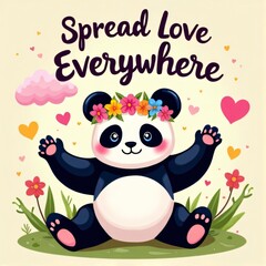 Naklejka premium Kawaii Panda Spread Love Everywhere Design