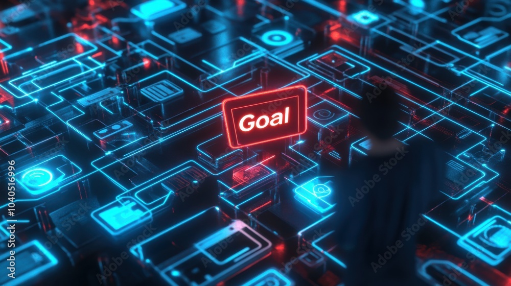 Poster A creative scene of a person navigating a maze of digital devices and social media icons while trying to find an exit marked by a glowing “Goal” sign
