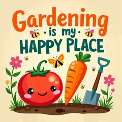 Kawaii Gardening Characters Design with "Gardening is My Happy Place"