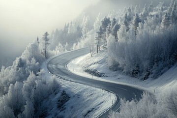 A winding road cuts through a frosty landscape, lined with snow-covered trees, under a misty sky, capturing the serene beauty of a winter morning in the mountains.
