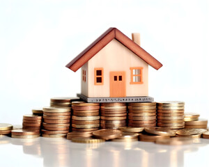 house model and coins on white background. real estate and investment concept.