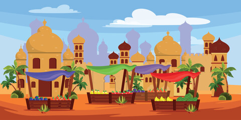 Obraz premium Vector illustration of an ancient Arab city.Cartoon scene of an Arab city with mosques, palm trees, bushes, colorful market stalls, various products:plums,peaches, apples, pears, bananas, watermelons.