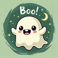 Fototapeta premium Cute Halloween Ghost with Boo Saying Kawaii Illustration